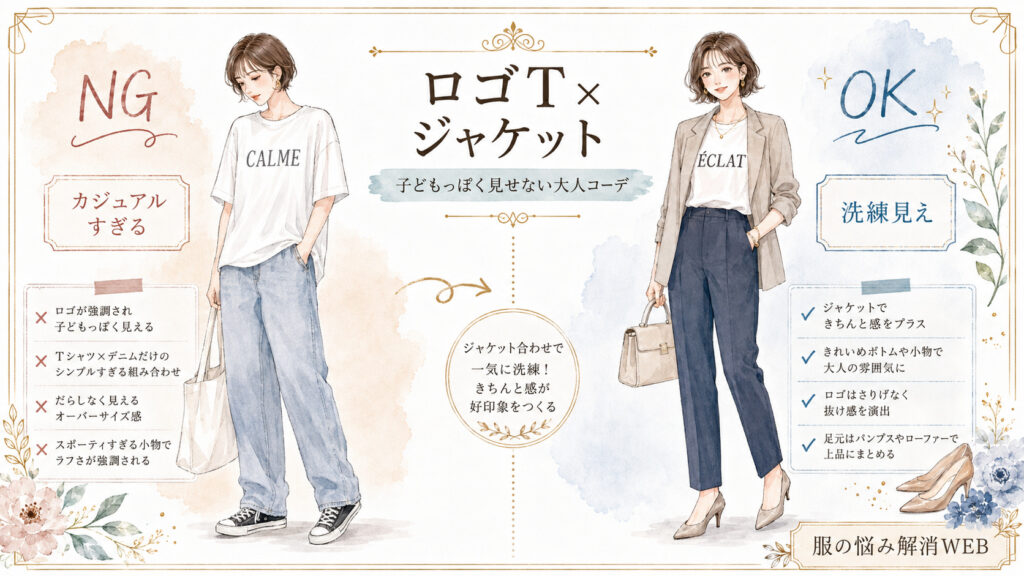 ロゴTとジャケットのNG・OKコーデを比較した、上品な水彩イラスト風の解説画像。左はカジュアルすぎる着こなし、右は洗練見えする大人コーデを紹介している。