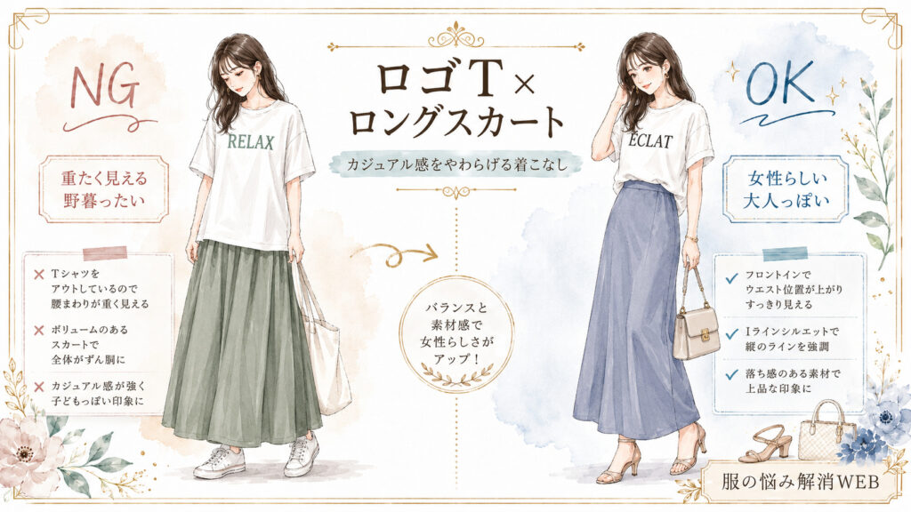 ロゴTとロングスカートのNG・OKコーデを比較した、上品な水彩イラスト風の解説画像。左は重たく野暮ったく見える着こなし、右は女性らしく大人っぽいバランスに整えた着こなしを紹介している。