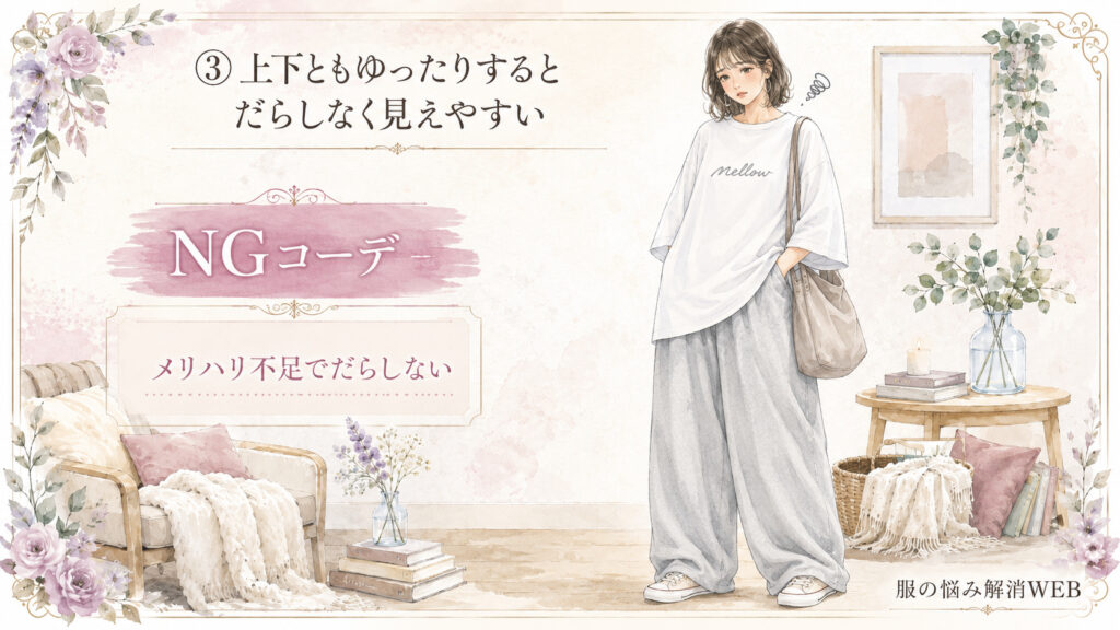 オーバーサイズのロゴTとゆったりしたワイドパンツを合わせ、上下にメリハリがなく全体がだらしなく見えるNGコーデを紹介する水彩イラスト。