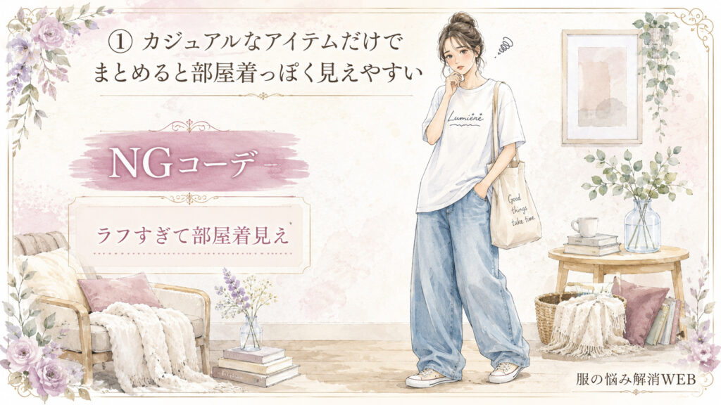 ロゴTにゆったりしたデニムとスニーカー、トートバッグを合わせ、カジュアルなアイテムだけでまとめたことで部屋着っぽく見えるNGコーデを紹介する水彩イラスト。