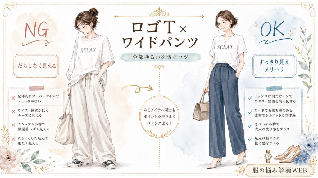 ロゴTとワイドパンツのNG・OKコーデを比較した、上品な水彩イラスト風の解説画像。左は全体がゆるくてだらしなく見える着こなし、右はメリハリを意識してすっきり見せた大人っぽい着こなしを紹介している。