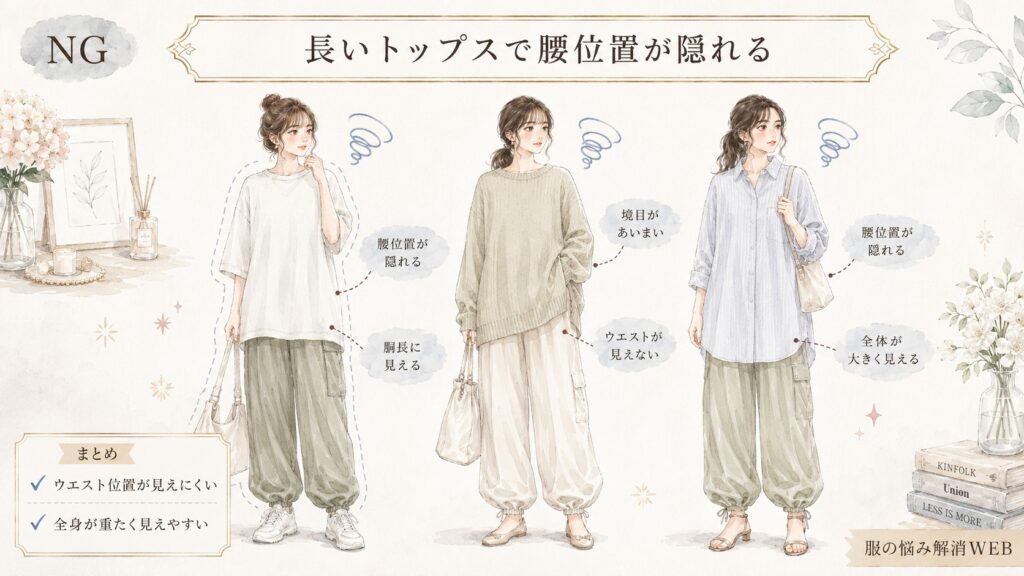 長いTシャツやニット、シャツで腰位置が隠れ、胴が長く全身が重たく見えやすいNGコーデを3例並べたファッションイラスト。