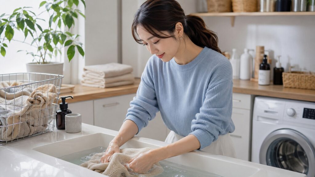 明るいランドリールームでベージュのメリノウールニットをやさしく手洗いする水色のトップス姿の女性