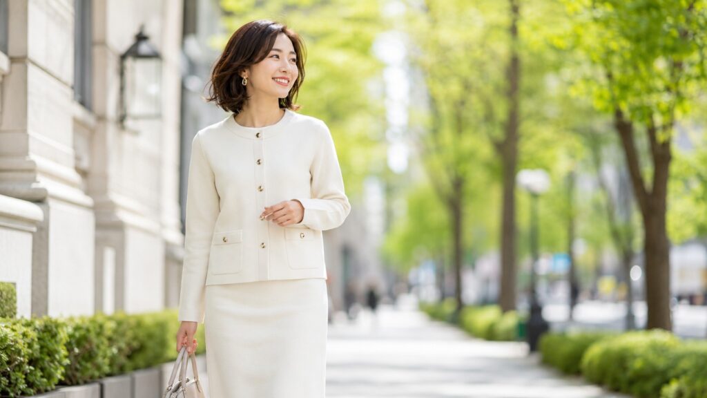 きれいに整えたミラノリブ生地の服を着た女性が、明るい街並みを歩いている様子