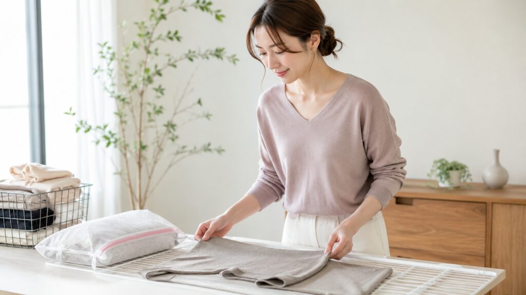 女性がミラノリブ生地の衣類を平らに整え、洗濯後の型崩れを防ぐケアをしている様子