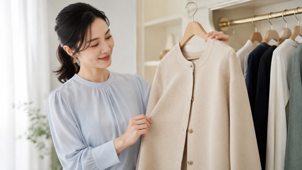 明るい室内で女性がミラノリブ生地のカーディガンを手に取り、上品な質感を確認している様子