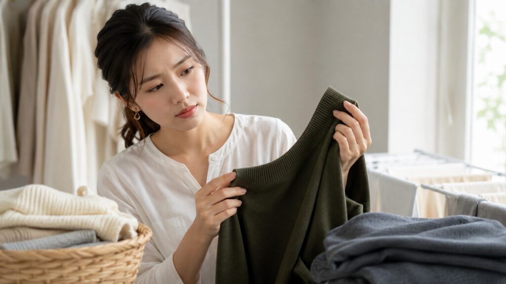 女性がミラノリブ生地の衣類を広げ、袖口や生地の伸び・型崩れを確認している様子