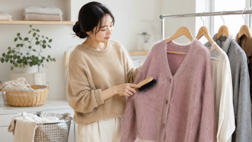 ランドリールームでピンクのモヘアカーディガンを洋服ブラシで優しくお手入れする女性