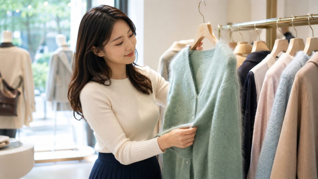 アパレルショップでミントグリーンのモヘアカーディガンを手に取り、柔らかな毛足や風合いを確認する女性