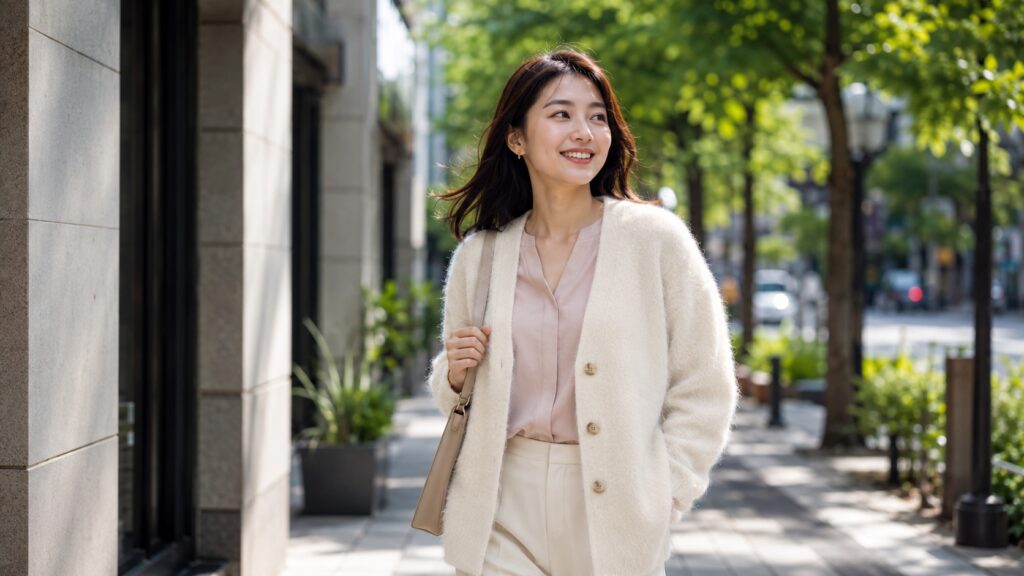 きれいに整えたアイボリーのモヘアカーディガンを着用し、明るい街中を笑顔で歩く女性