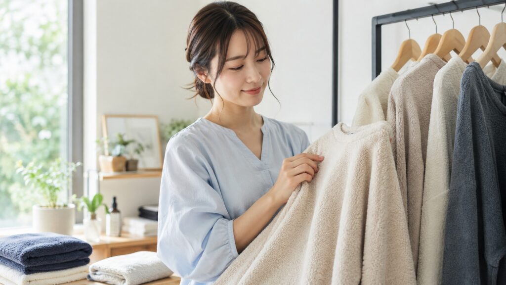 明るい室内で女性がパイル生地の衣類を手に取り、ふんわりした質感を確認している様子