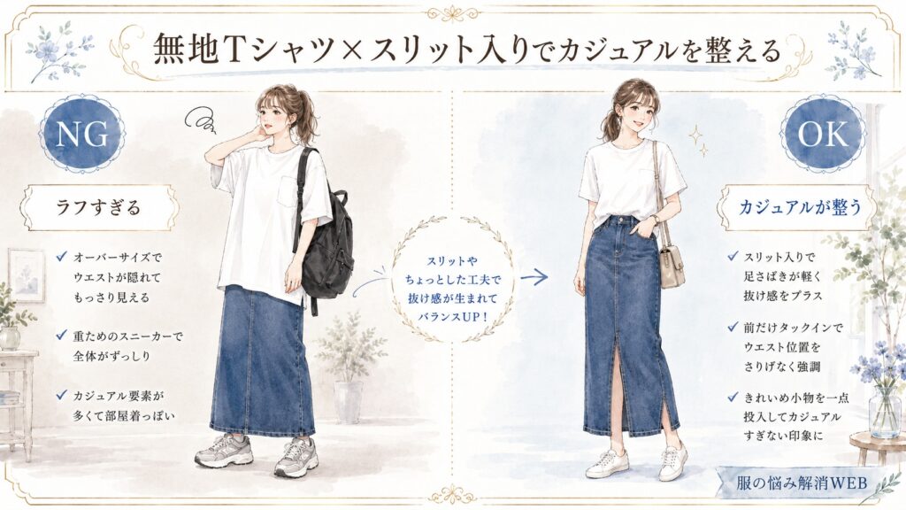 無地Tシャツとスリット入りデニムスカートのカジュアルコーデを、NG例とOK例で分かりやすく比較したイラスト。