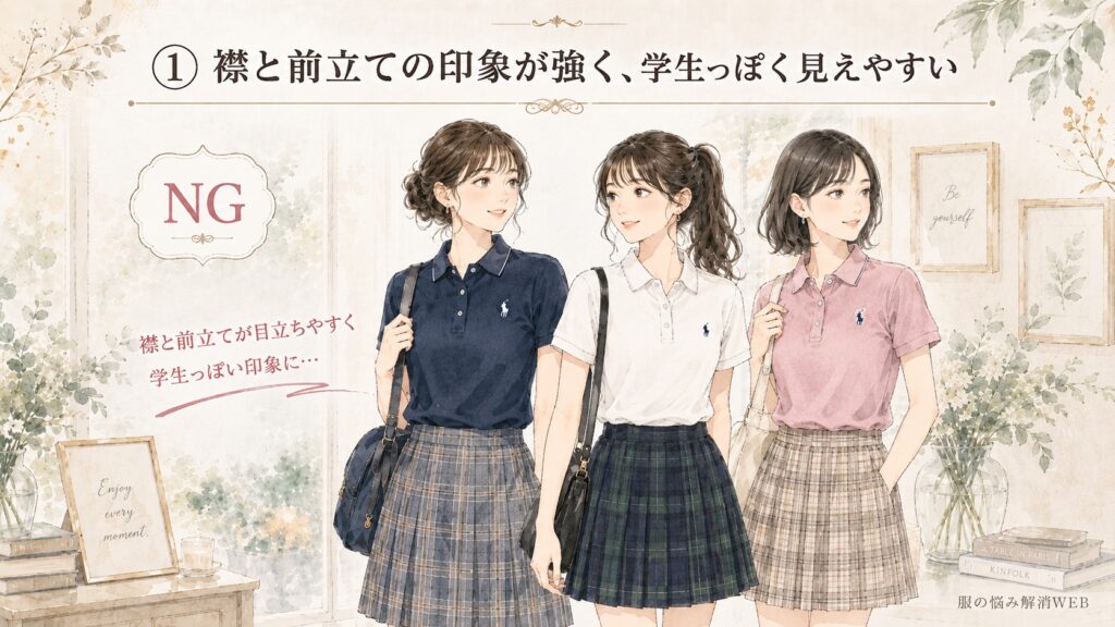 ポロシャツのNGコーデ例を紹介するイラスト。襟と前立てが目立つポロシャツにチェック柄のプリーツスカートを合わせた女性3人が並び、学生っぽく見えやすい着こなしを表現している。