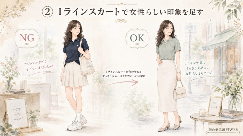 ポロシャツとスカートの合わせ方を比較したイラスト。左はプリーツスカートとスニーカーでカジュアルすぎる印象、右はIラインスカートと上品な靴・バッグを合わせた女性らしく大人っぽいコーデ