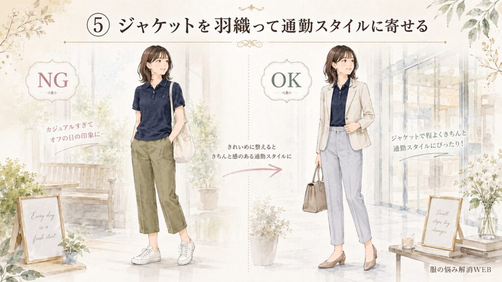 ポロシャツを通勤向けに着こなす比較イラスト。左はポロシャツとカジュアルパンツ、スニーカーのオフ向けコーデ、右はジャケットときれいめパンツを合わせた通勤にも使いやすい上品なコーデ