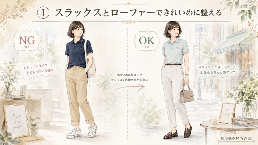 ポロシャツコーデのNG・OK比較イラスト。左はネイビーのポロシャツにベージュのパンツとスニーカーを合わせた子どもっぽい印象のコーデ、右は淡い色のポロシャツにスラックスとローファーを合わせた大人っぽく上品なコーデ