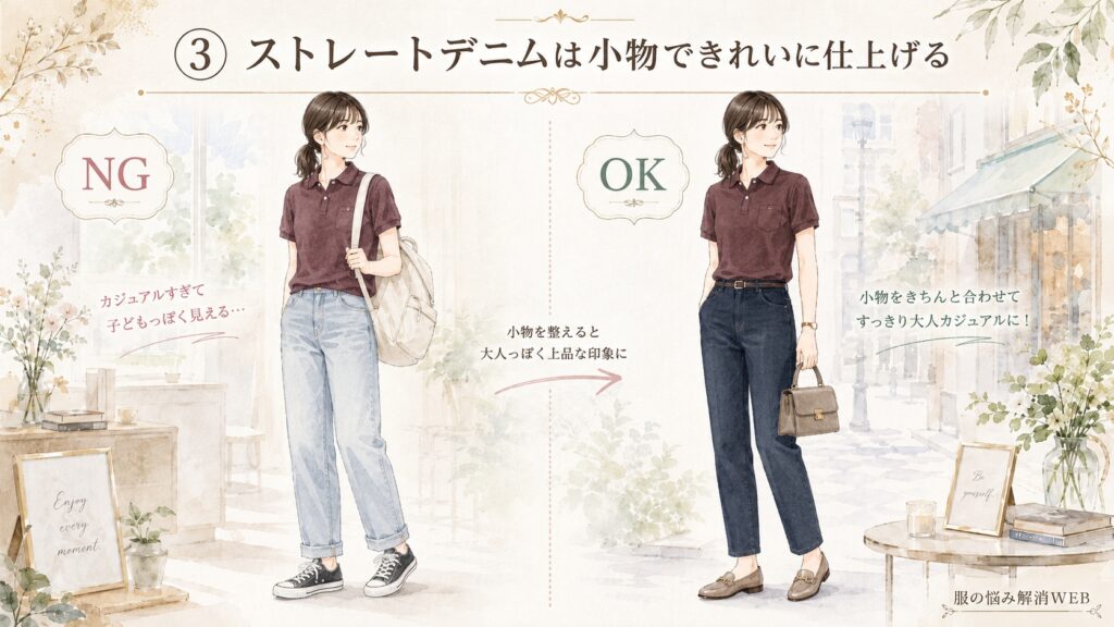 ポロシャツとストレートデニムのNG・OK比較イラスト。左はスニーカーと大きめバッグで子どもっぽく見えるカジュアルコーデ、右は小物をきれいめに整えて大人カジュアルに仕上げたコーデ