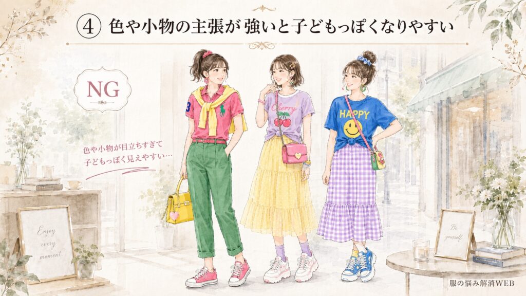 ポロシャツのNGコーデ例を紹介するイラスト。色使いや小物の主張が強い服装をした女性3人が並び、派手なカラーや目立つバッグ・アクセサリーによって子どもっぽく見えやすい着こなしを表現している。