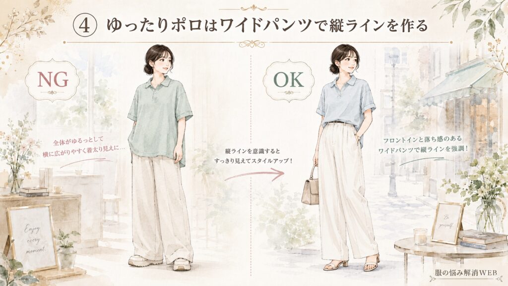 ゆったりポロシャツの着こなし比較イラスト。左は上下ともゆるいシルエットで着太りして見えるNGコーデ、右は前だけインしたポロシャツと落ち感のあるワイドパンツで縦ラインを強調したOKコーデ