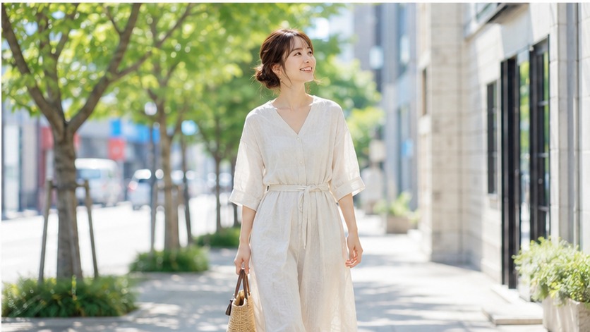 きれいに整えたラミー素材の服を着て街を歩く女性