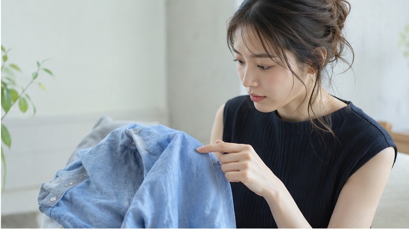 シワが出たラミー素材の衣類を見ながら状態を確認する女性