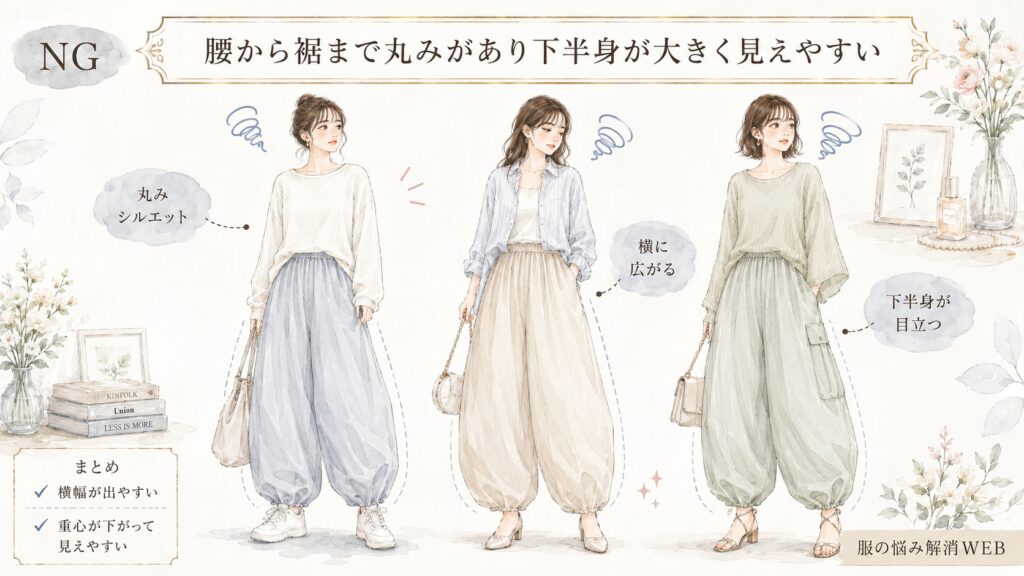 腰から裾まで丸みのあるパラシュートパンツのNGコーデを3例並べ、横幅が広がって下半身が大きく見えやすい原因を示したファッションイラスト。