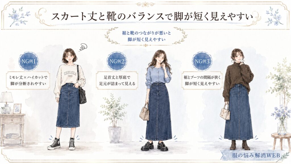 ミモレ丈とハイカットスニーカー、足首丈と厚底靴、ロング丈とブーツの組み合わせで脚が短く見えやすい3つのNG例。