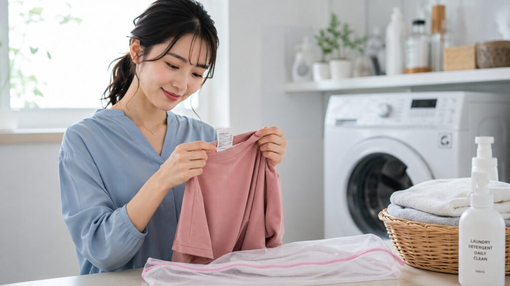 ピンクのスムース生地トップスの洗濯表示を確認しながら手入れ方法を確かめる女性