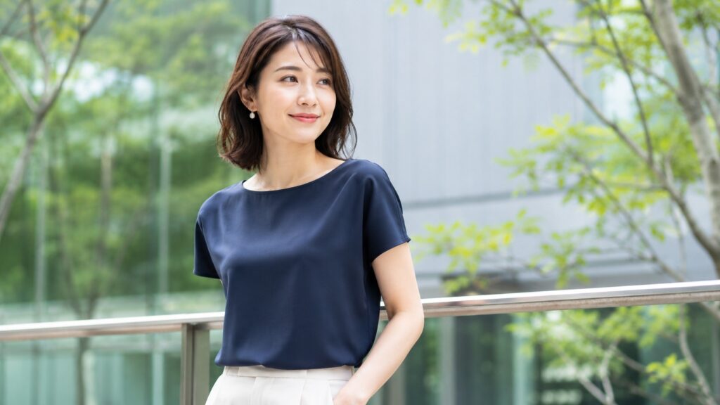 ネイビーのスムース生地トップスを上品に着こなす女性