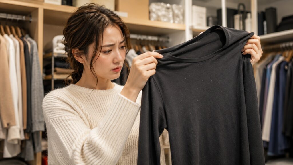 黒いスムース生地トップスの毛玉や毛羽立ちを気にして確認する女性