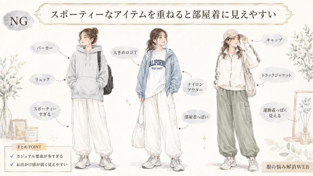 パーカーや大きめロゴTシャツ、ナイロンアウターなどを重ね、部屋着や運動着のように見えやすいNGコーデを3例並べたファッションイラスト。