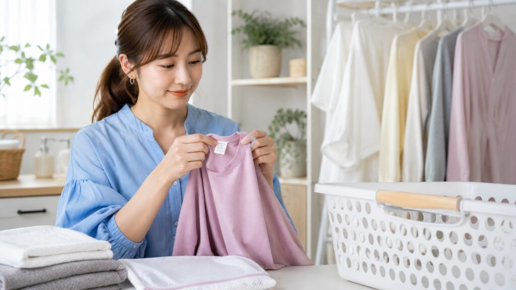 ピンクの天竺素材Tシャツの洗濯表示を確認しながら手入れ方法を確かめる女性