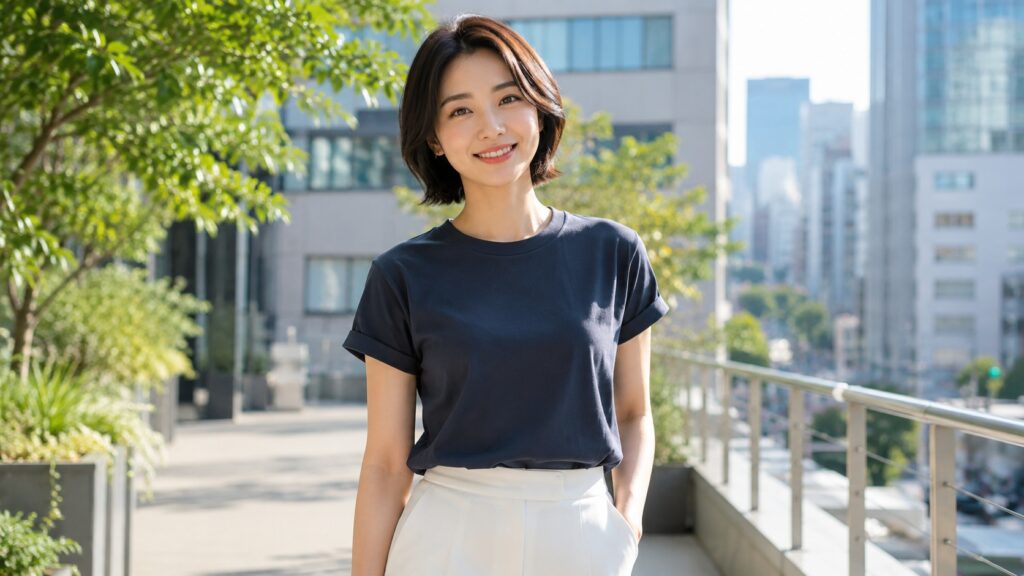 黒い天竺素材Tシャツを清潔感のあるコーデで着こなす女性