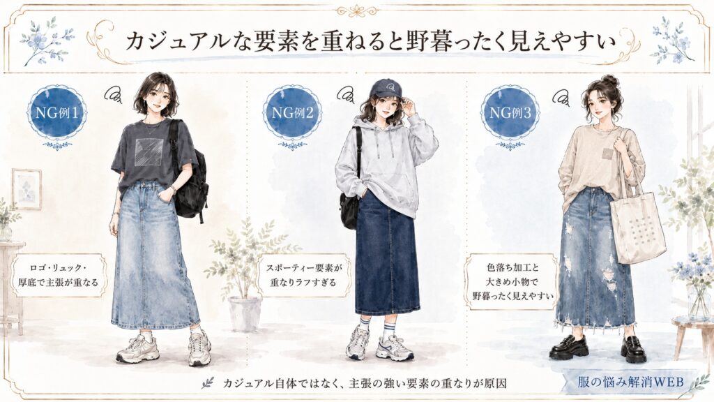 ロゴ風の装飾、リュック、パーカー、厚底靴などカジュアルな要素を重ね、野暮ったく見えやすくなった3つのNGコーデ例。