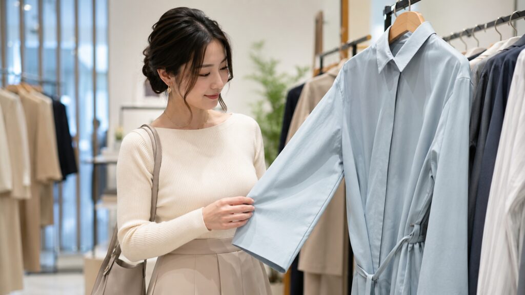 ブティックで水色のタイプライター生地のシャツワンピースを手に取り、素材感を確かめる上品な女性