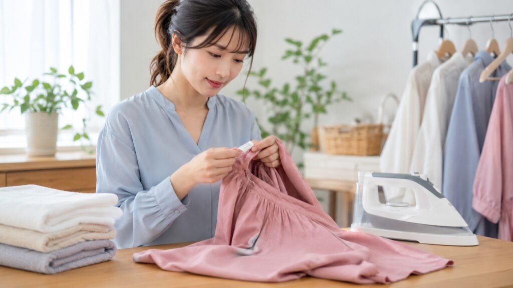 ピンクのタイプライター生地の服の洗濯表示を確認しながら手入れ方法を確かめる女性