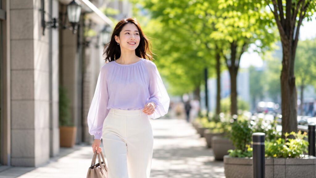 きれいに整えた淡い紫のボイルブラウスを着て街を歩く女性