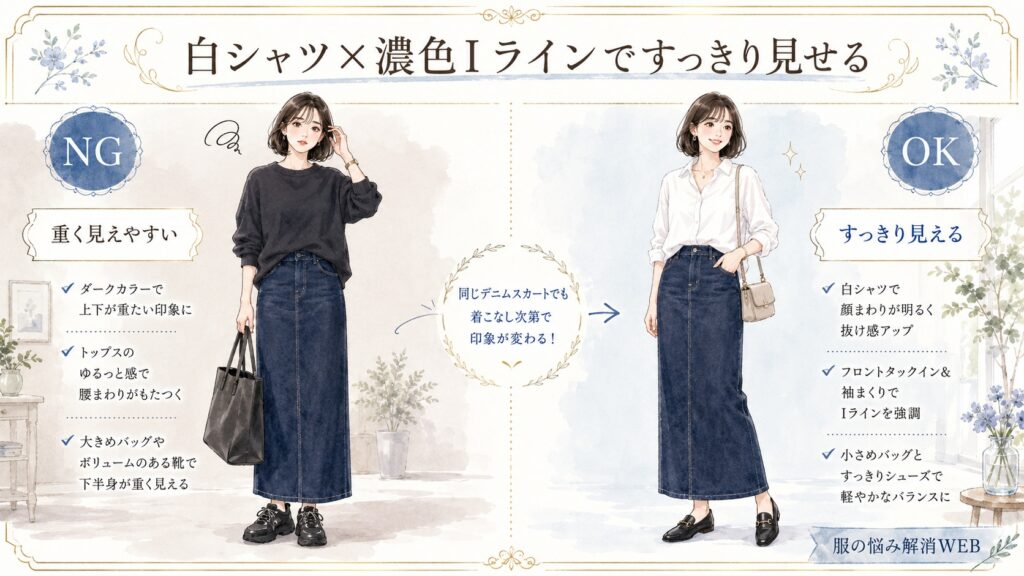 白シャツと濃色Iラインのデニムスカートの合わせ方を、NG例とOK例で比較した上品なファッションイラスト。
