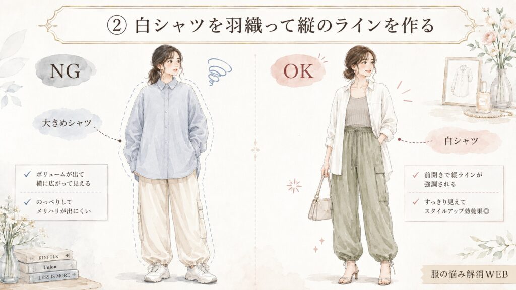 大きめシャツのNG例と、白シャツを羽織って縦のラインを作ったOK例を比較した、パラシュートパンツの着こなしイラスト。