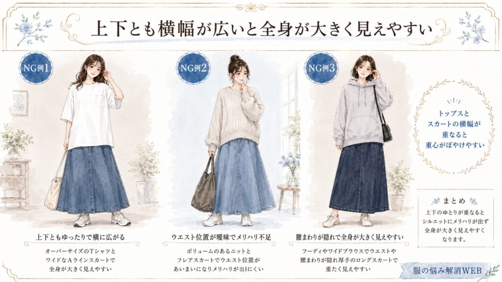 オーバーサイズのトップスと広がるデニムスカートを合わせ、全身が大きく見えやすくなった3つのNGコーデ例