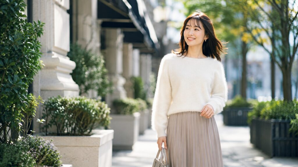 日差しのあるおしゃれな街並みの中で、白いふんわりしたニットと淡いプリーツスカートを着た女性が笑顔で歩いている様子