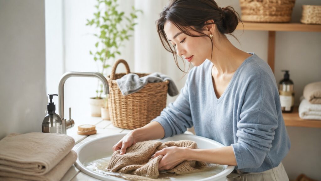 明るい室内でベージュのヤク素材ニットをやさしく手洗いしている水色のトップス姿の女性