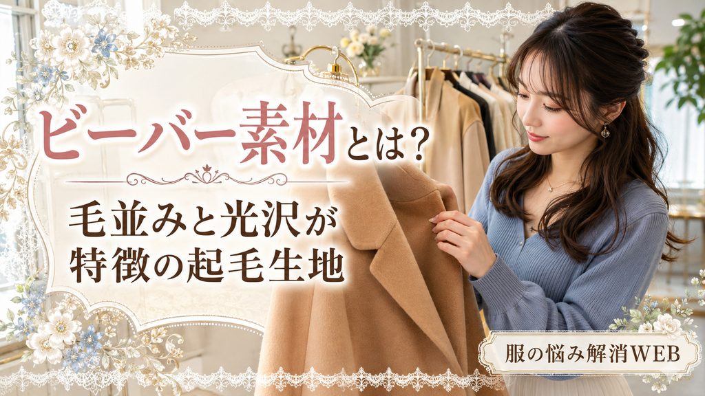 キャメル色のビーバー素材のコートに触れて、なめらかな毛並みと光沢を確認する女性