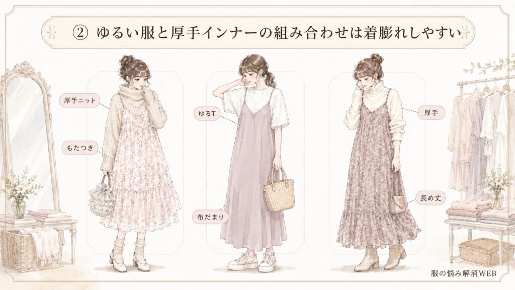 厚手ニットやゆるいTシャツをキャミワンピに重ね、上半身が着膨れして見えるコーデ3例