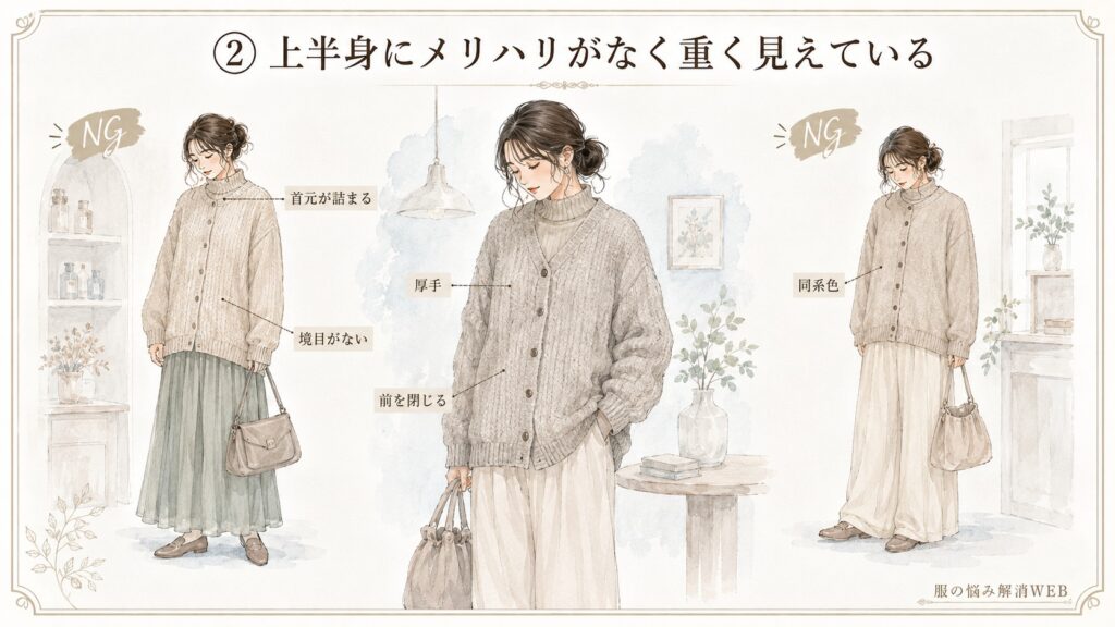 首元が詰まったインナーや厚手のカーディガンで、上半身にメリハリがなく重く見えるNGコーデ例