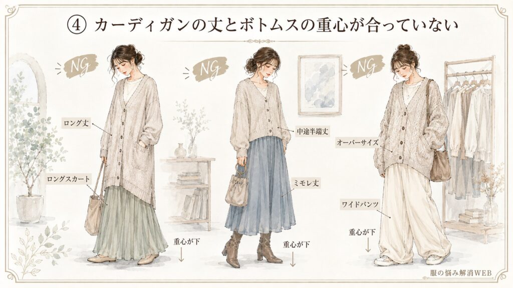 カーディガンの丈とロングスカートやワイドパンツのバランスが合わず、重心が下がって見えるNGコーデ例