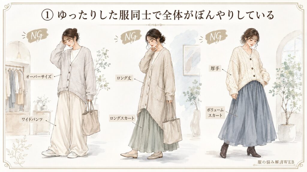 ゆったりしたカーディガンとワイドパンツやロングスカートを合わせ、全体がぼんやり見えるNGコーデ例