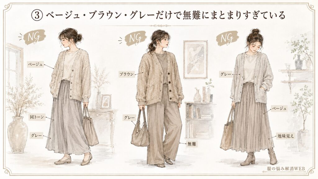ベージュ・ブラウン・グレーの同系色だけでまとめ、無難で地味に見えやすいカーディガンのNGコーデ例