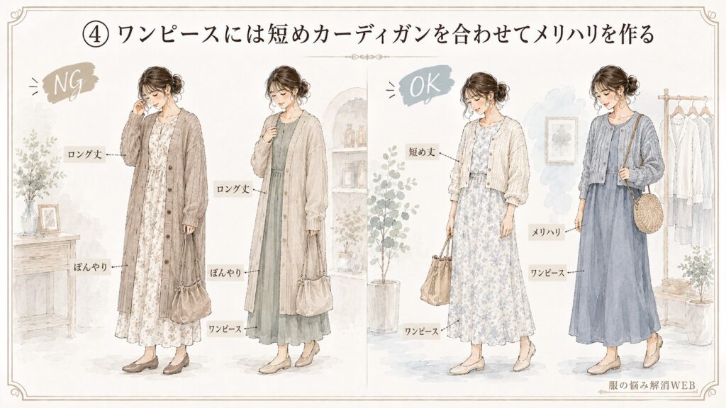 ワンピースに短めカーディガンを合わせてメリハリを作るOK例と、ロング丈でぼんやり見えるNG例を比較したイラスト