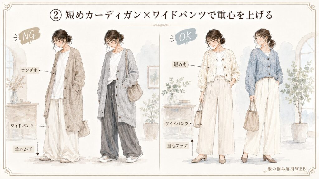短めカーディガンとワイドパンツで重心を上げるOK例と、ロング丈で重心が下がるNG例を比較したイラスト